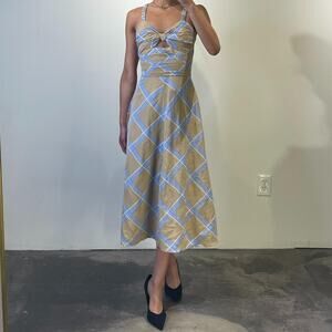 Cream and Blue Plaid Midi Dress